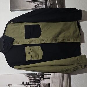 Men’s Forever 21 Twill Colorblock Shirt Black/Olive Medium